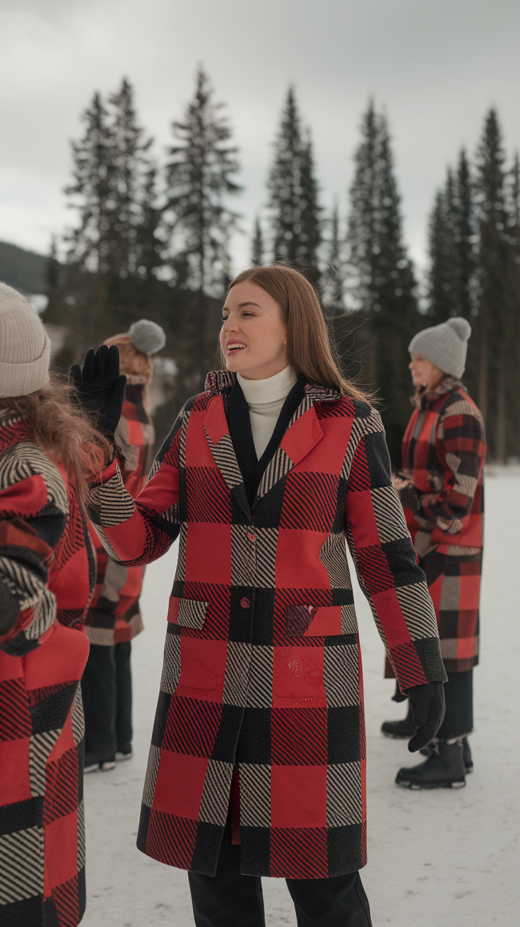 A group of women wearing stylish red and black checkered coats in a snowy landscape.