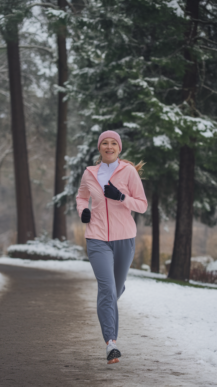 A woman running in a pink jacket and gray pants in a snowy park.