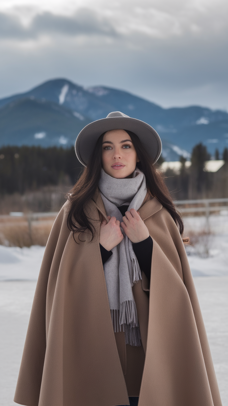 A woman wearing a stylish camel-colored cape and gray scarf outdoors with mountains in the background.