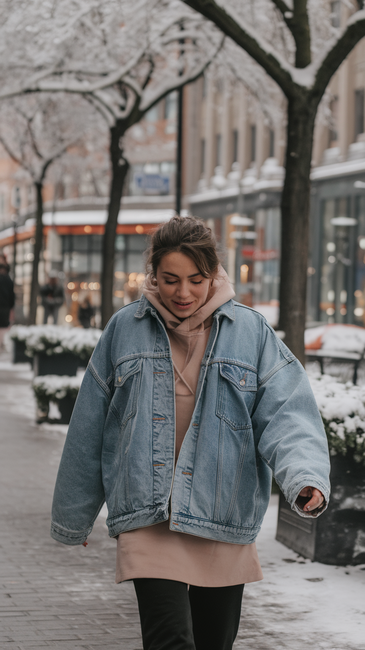 A woman walking on a snowy street wearing an oversized denim jacket over a hoodie.