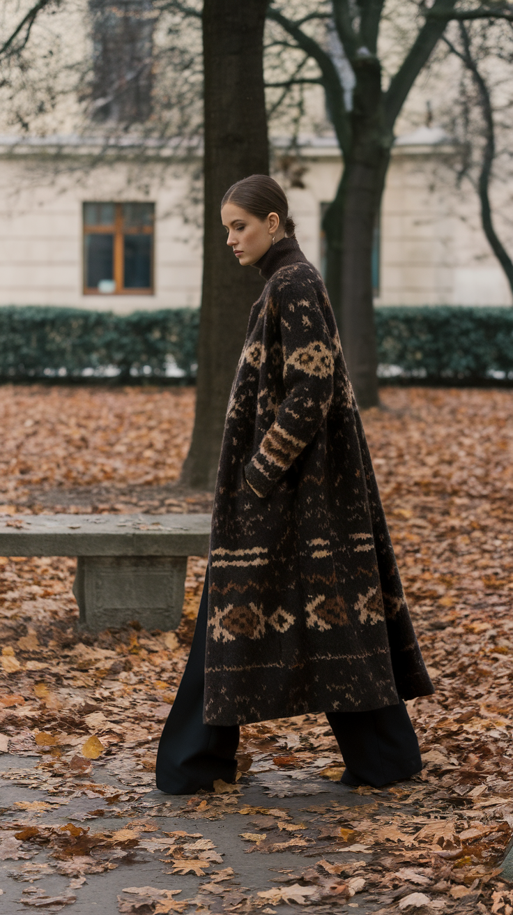 A model wearing a stylish wool coat walks through a park filled with autumn leaves.