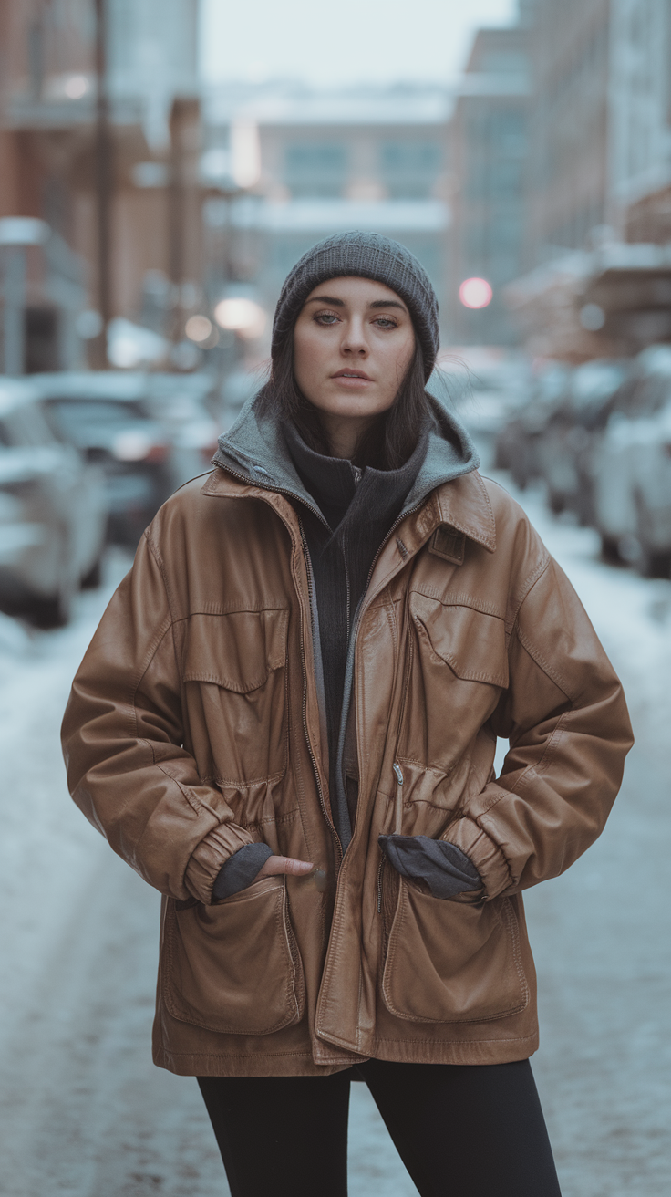 A woman wearing a brown leather jacket and beanie in a snow-covered urban environment.