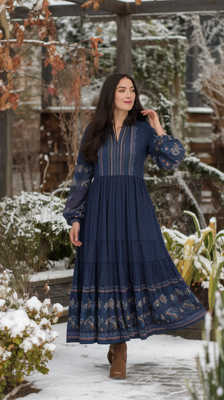 A woman wearing a navy winter maxi dress with floral patterns, standing in a snowy outdoor setting.