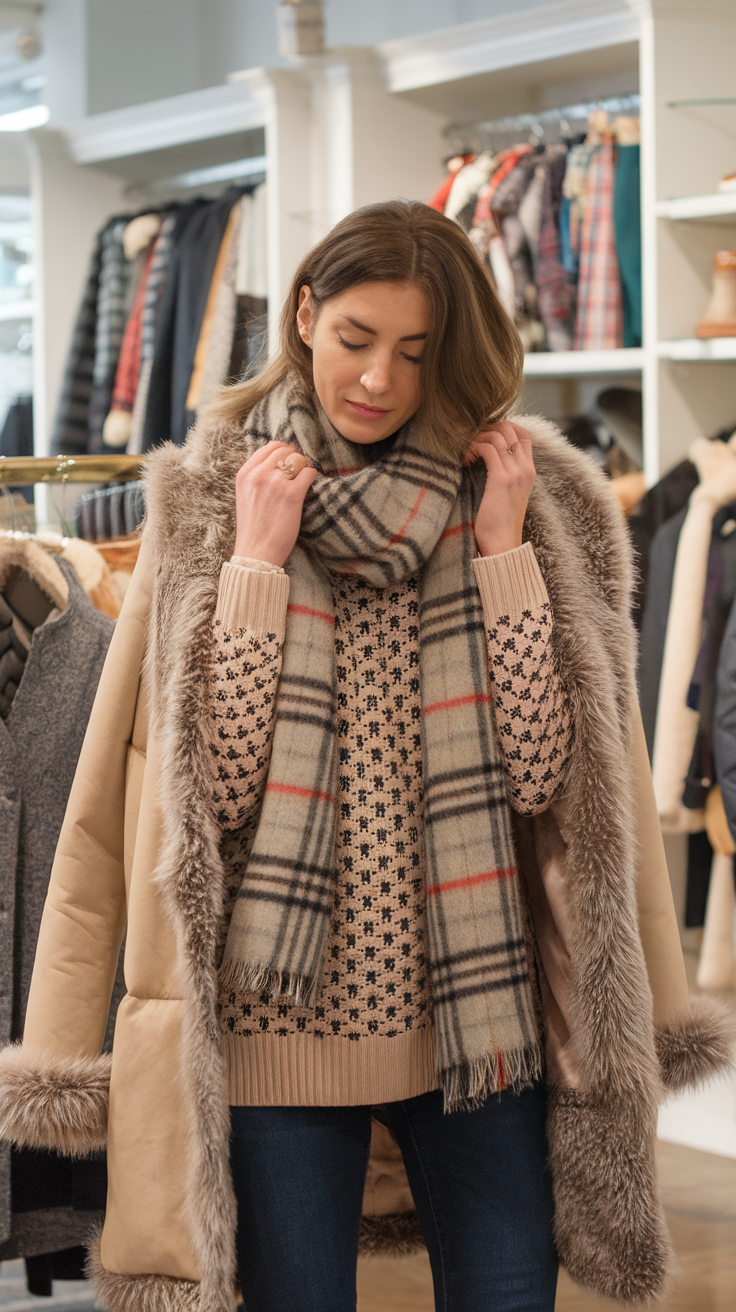 A woman in a boutique trying on a cozy knit sweater with a faux fur coat and a plaid scarf.