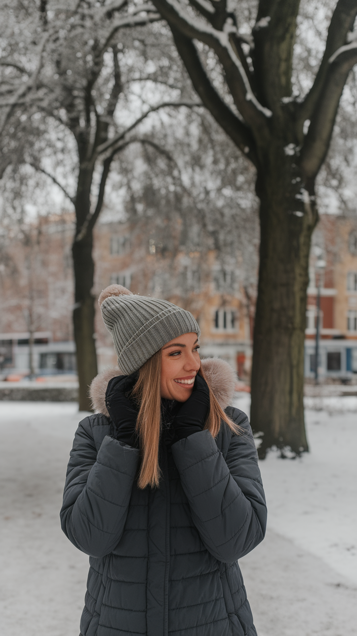 A woman wearing a stylish gray beanie and a puffy jacket, smiling in a snowy park.