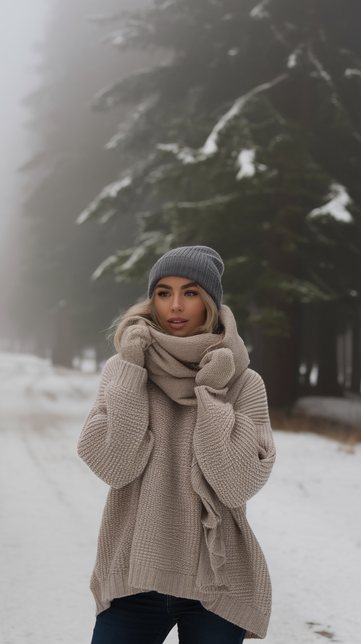 A woman in a beige oversized knitted sweater and a gray beanie, standing in a snowy forest.