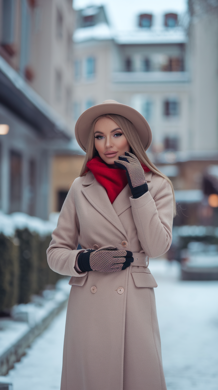 A stylish woman wearing a beige coat, red scarf, and gloves, standing in a snowy street.