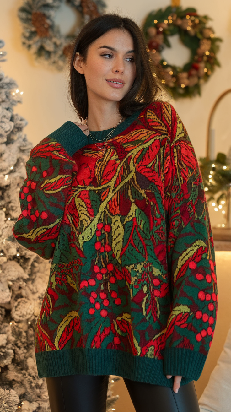 A woman wearing a colorful patterned sweater, standing in a festive setting with Christmas decorations.