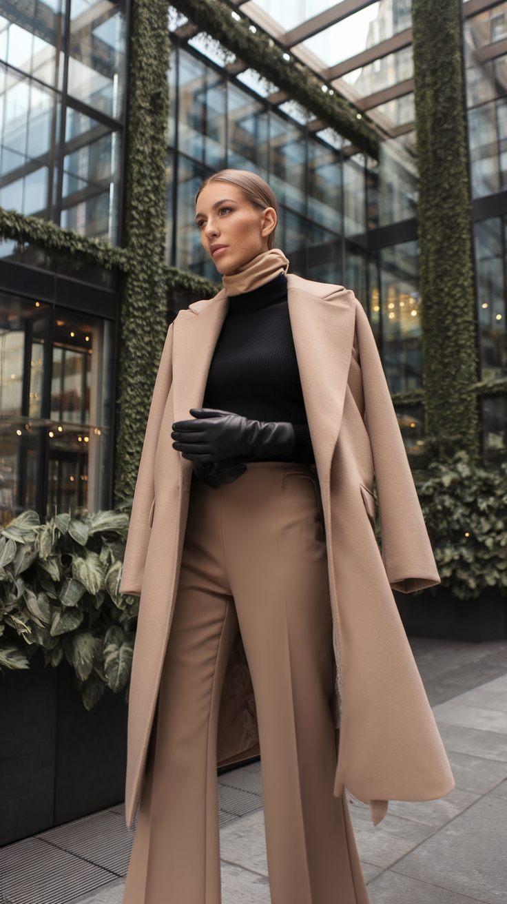 A woman in a stylish outfit featuring wide-leg pants and a coat, standing in an urban setting.