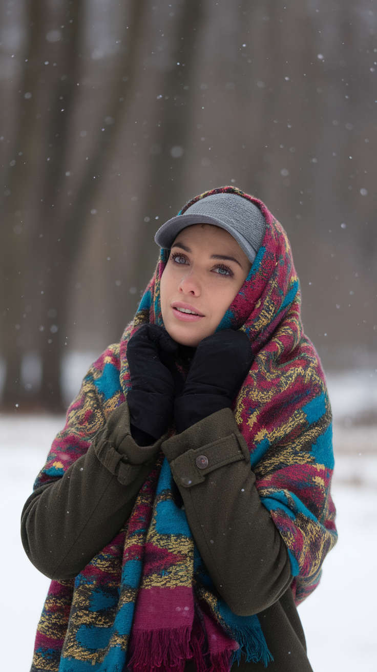 A woman wearing a colorful winter scarf, looking up with snow gently falling around her.