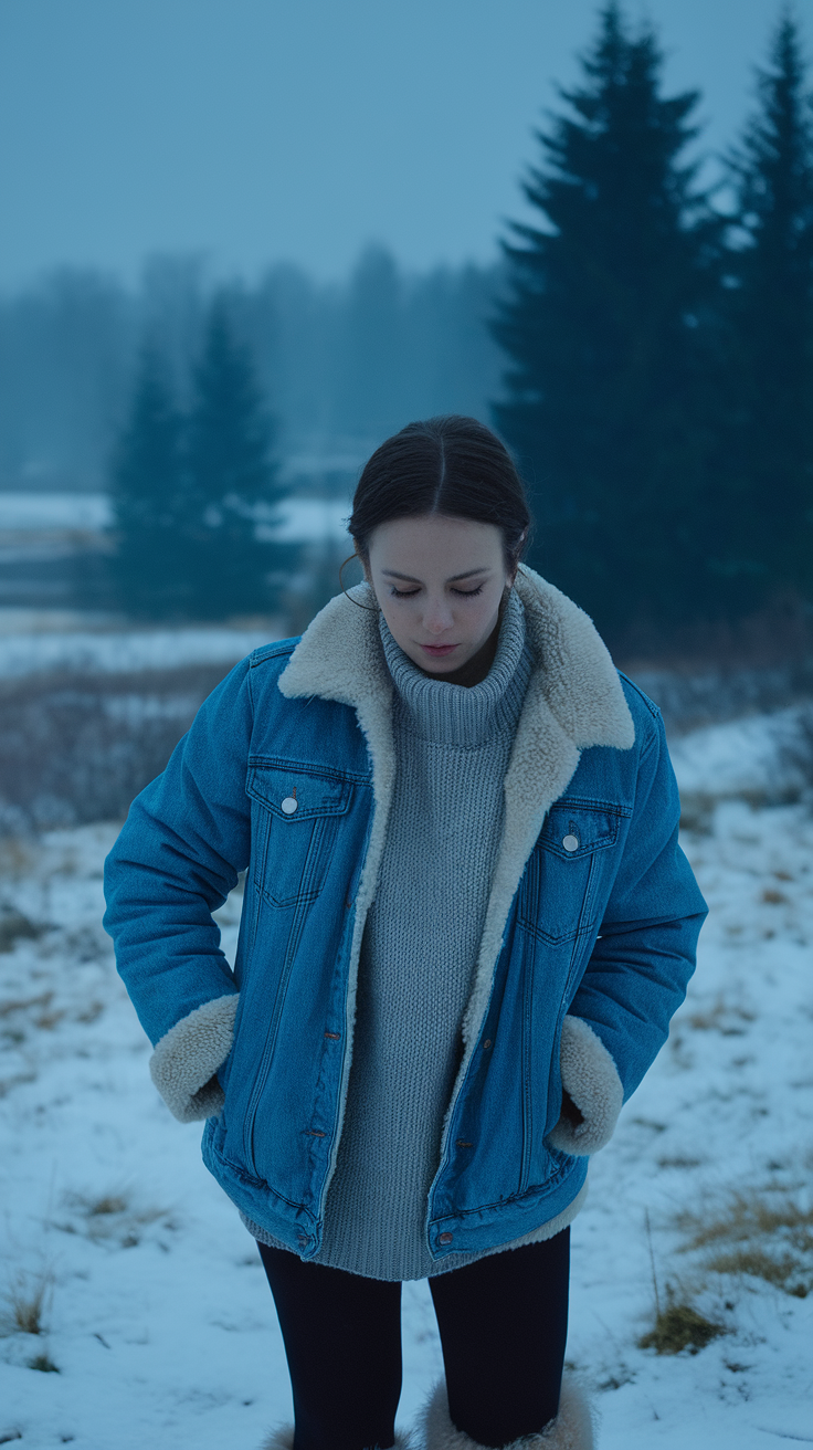 A person wearing a denim jacket with fur lining, standing in a snowy landscape.