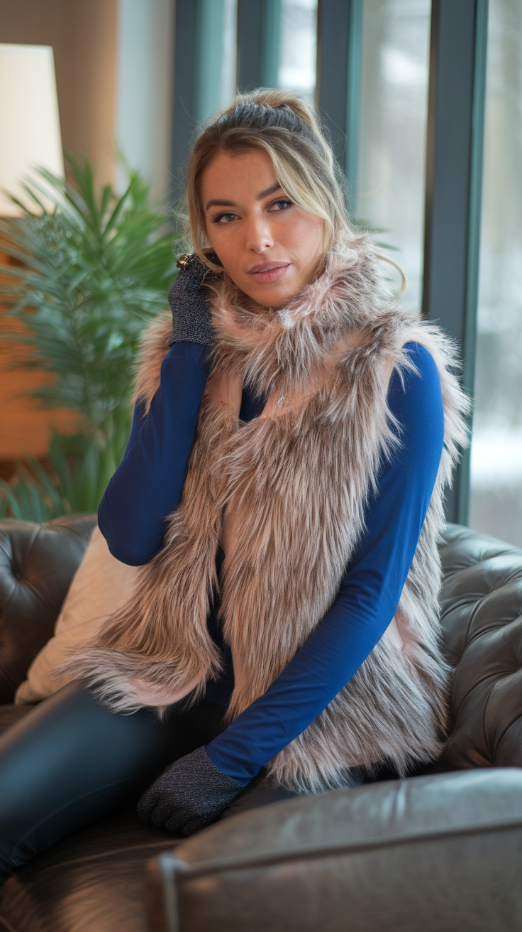 A woman wearing a faux fur vest over a long sleeve tee, sitting on a couch.