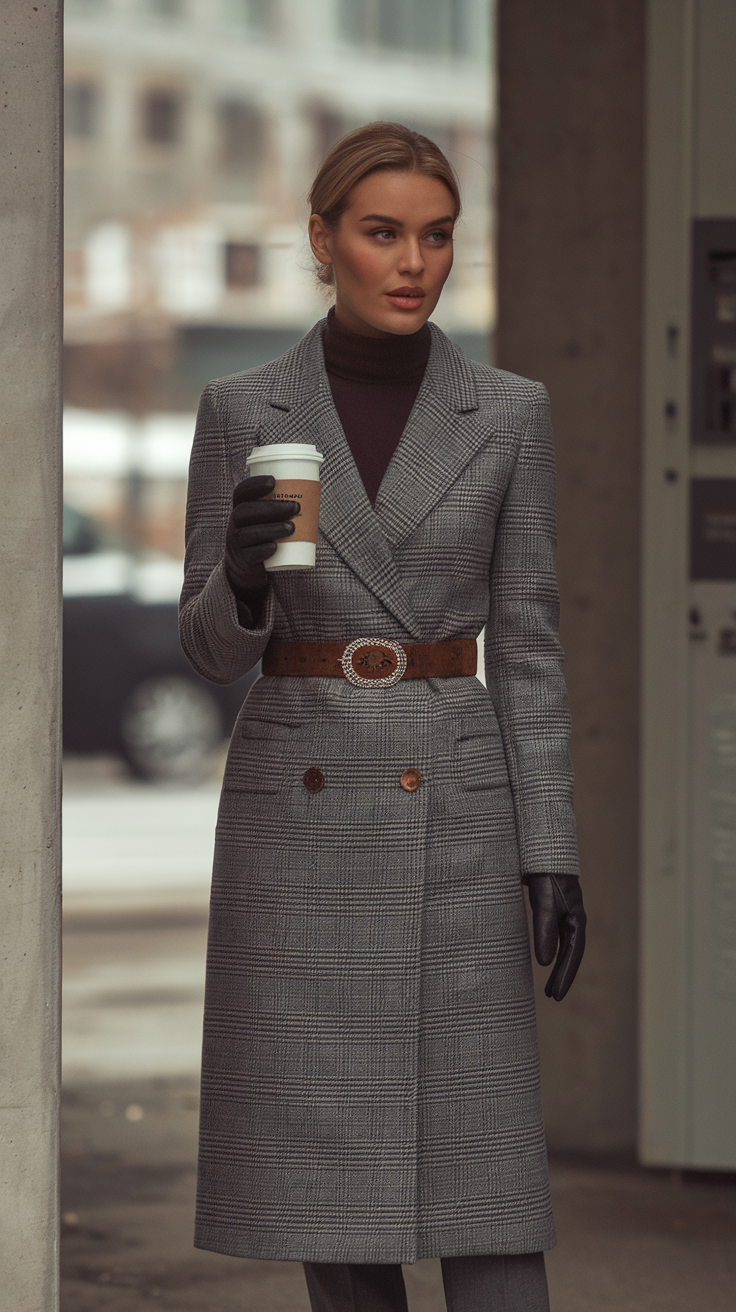 A fashionable woman in a tailored overcoat holding a coffee cup.