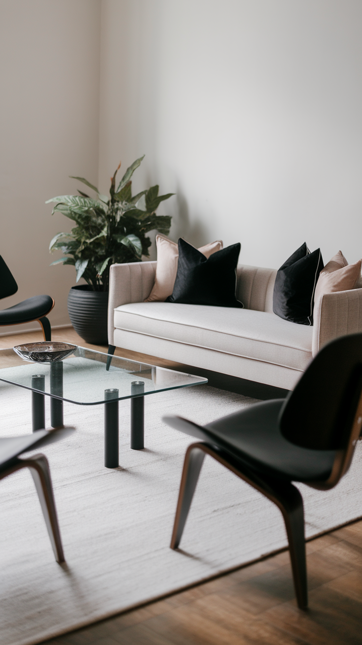 A chic grey sofa with black pillows in a modern living room setting.