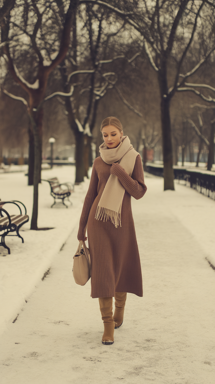 A woman in a brown sweater dress walking in a snow-covered park.