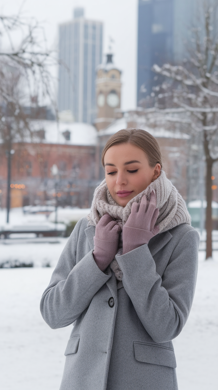 A woman in a grey wool blend coat with a scarf, standing in a snowy cityscape.