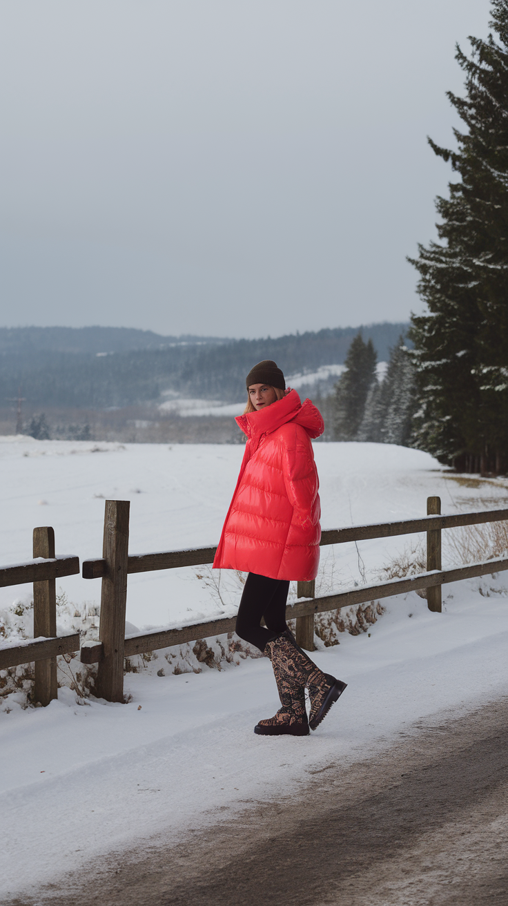 A person wearing a bright red puffer jacket and stylish boots, standing in a snowy landscape.