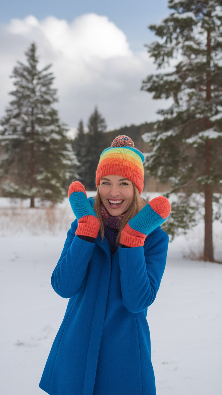 A woman smiling in a colorful beanie and mittens, standing in a snowy landscape.