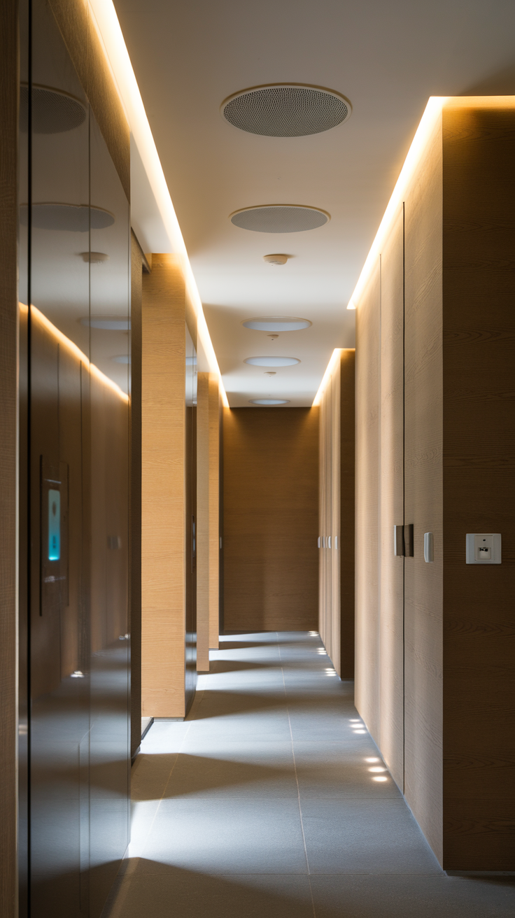 A modern hallway with wooden walls and ambient lighting