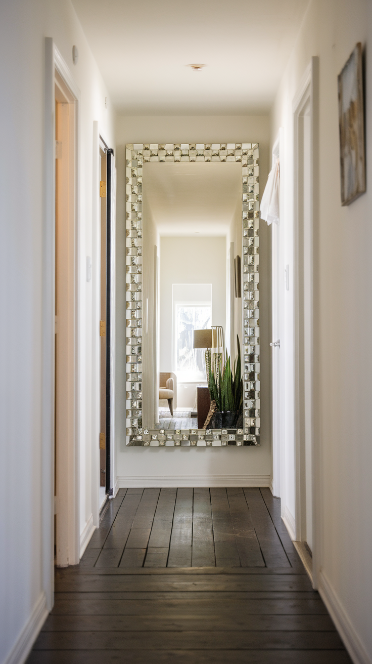 A spacious hallway featuring a large decorative mirror, with light and plants in the background.