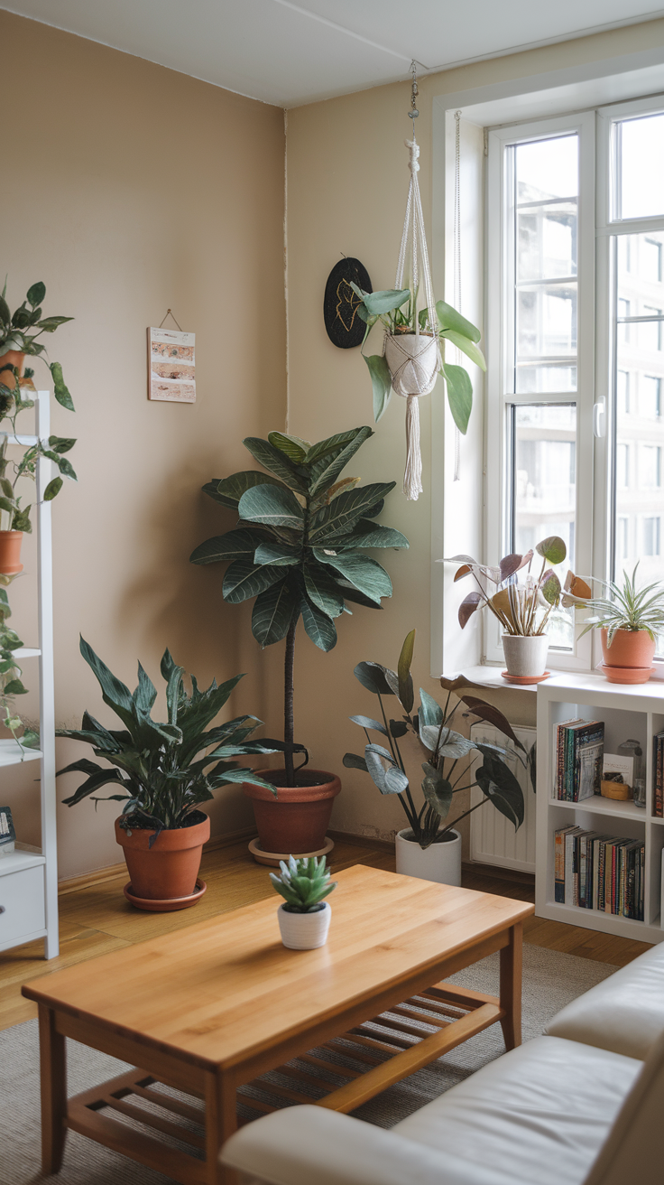 Cozy living room with various indoor plants and a wooden coffee table