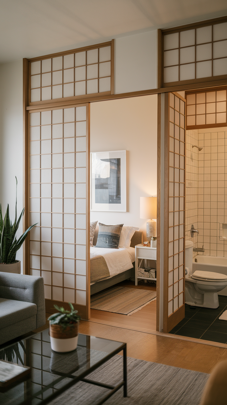 A room featuring Japanese sliding doors, showcasing a cozy living space with a view into a bedroom and bathroom.