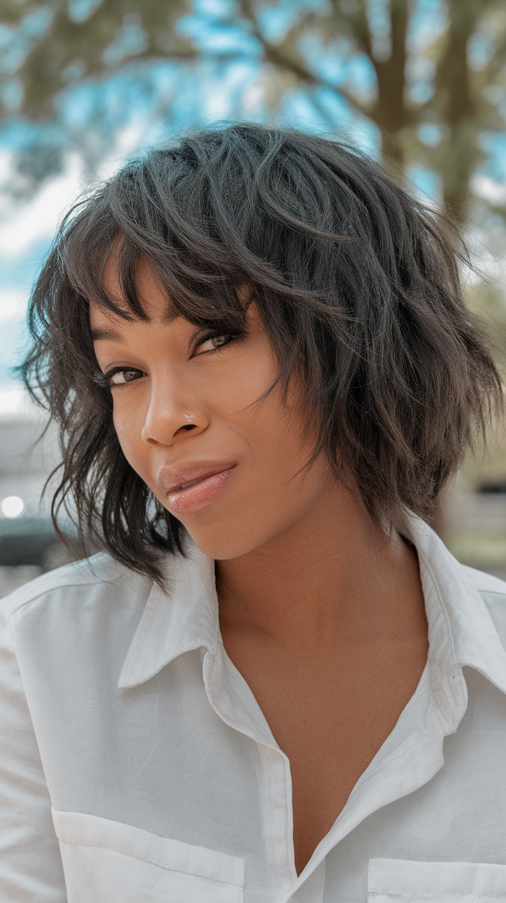 A woman with a layered crop hairstyle, wearing a white shirt, smiling softly in a natural setting.