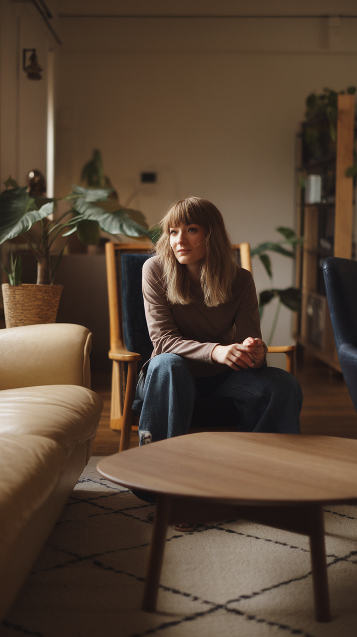 A woman sitting in a cozy room with layered curtain bangs, showcasing a relaxed vibe.