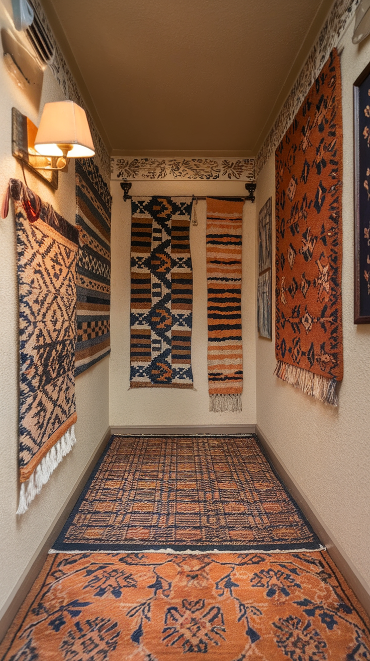 A hallway featuring various layered rugs on the floor and hanging on the walls, showcasing rich colors and patterns.