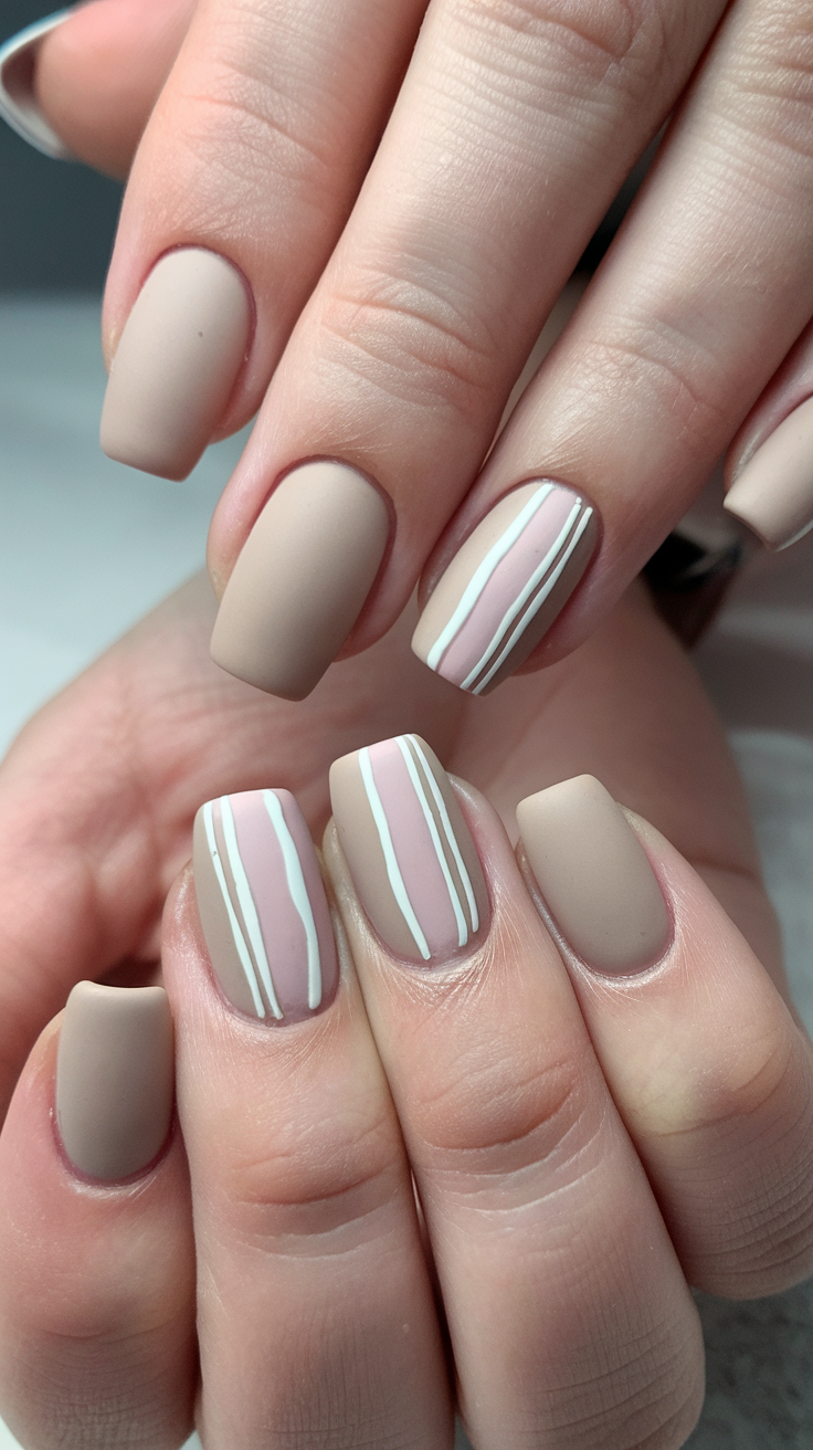 Nails painted in light mocha matte finish with white stripes