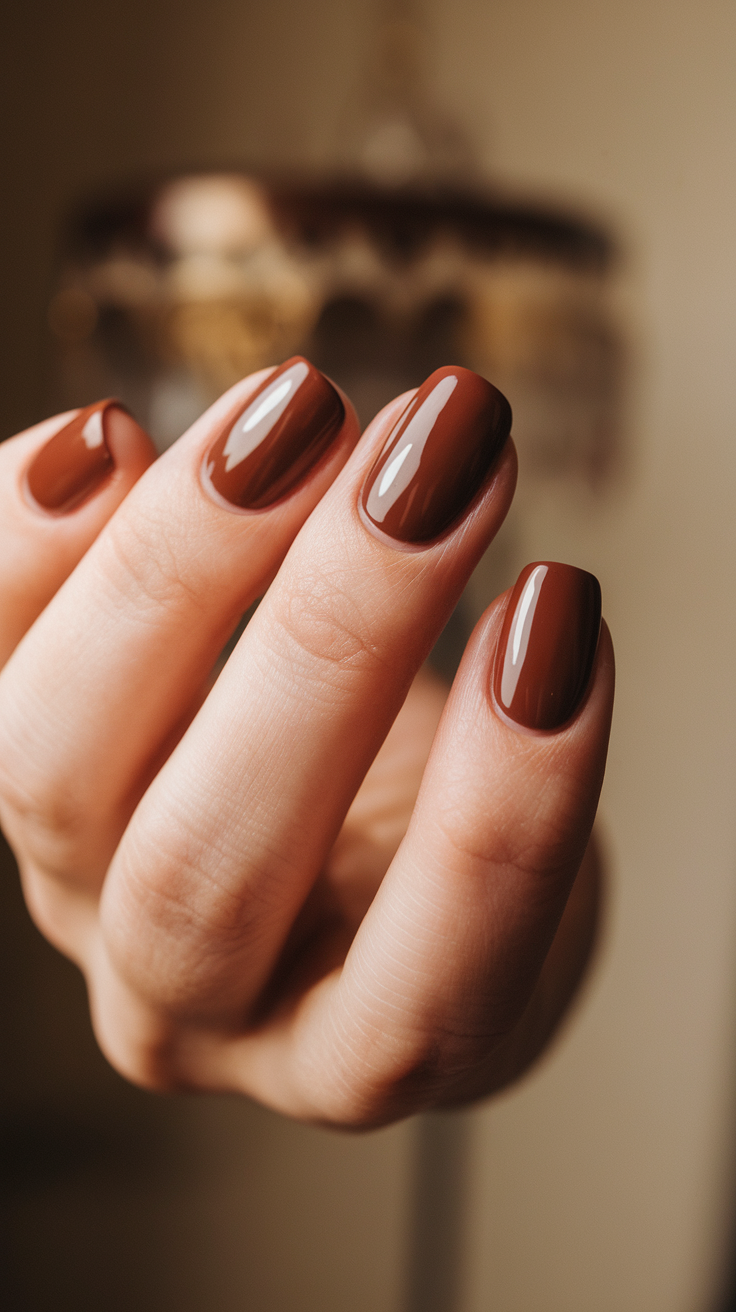 Close-up of hands with maple syrup brown nail polish.