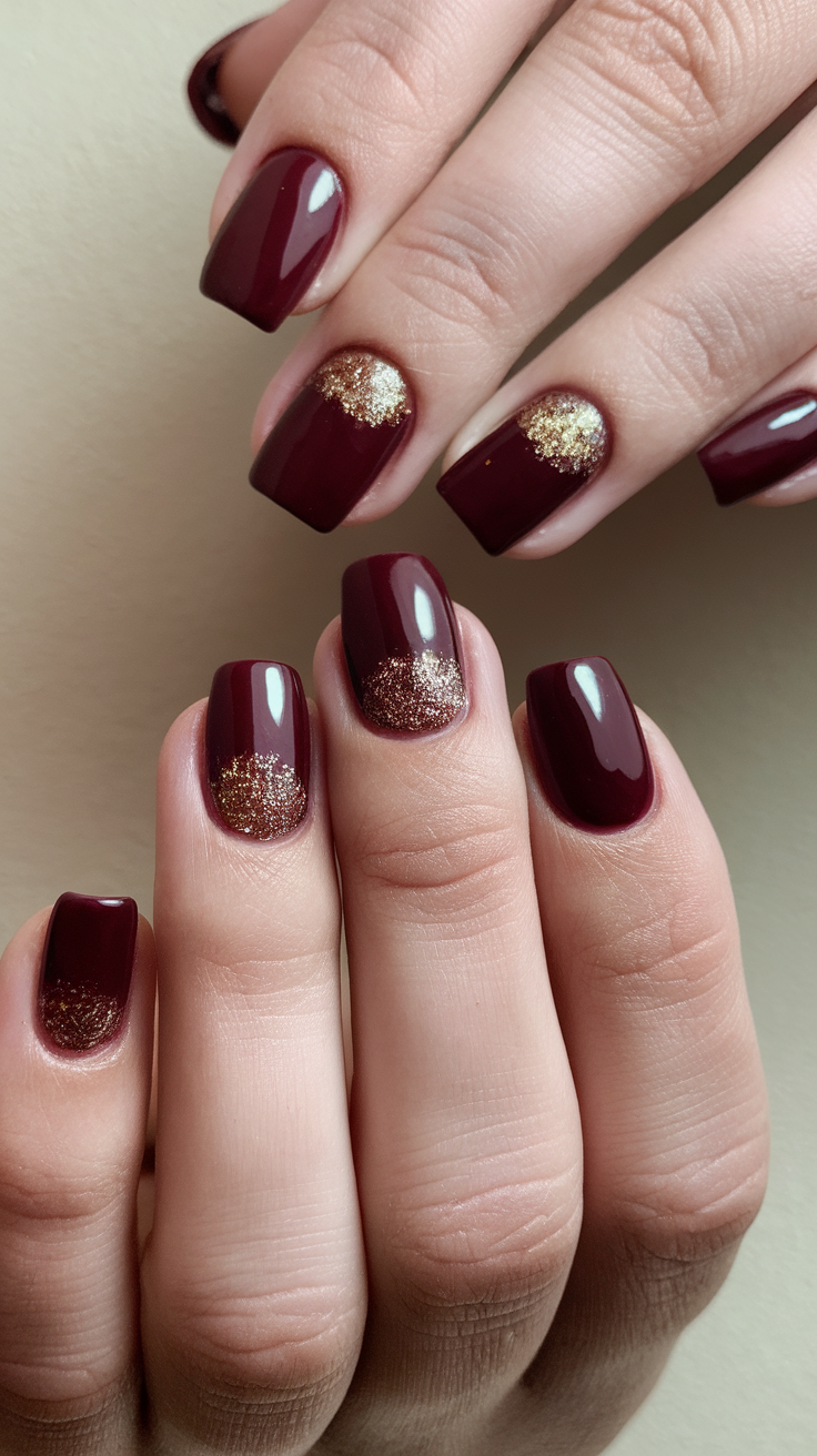 Maroon nails with glitter half-moons design