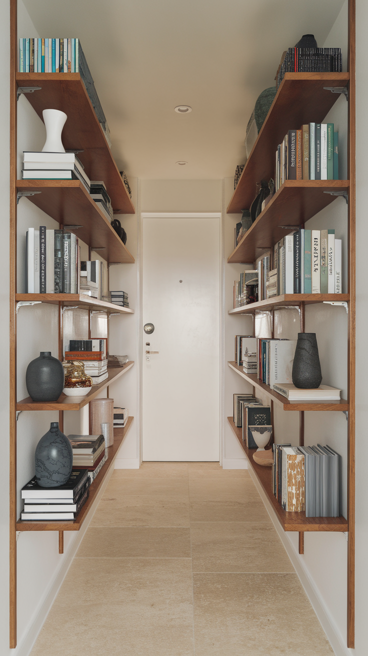 A hallway featuring wooden shelves lined with books and decorative items.