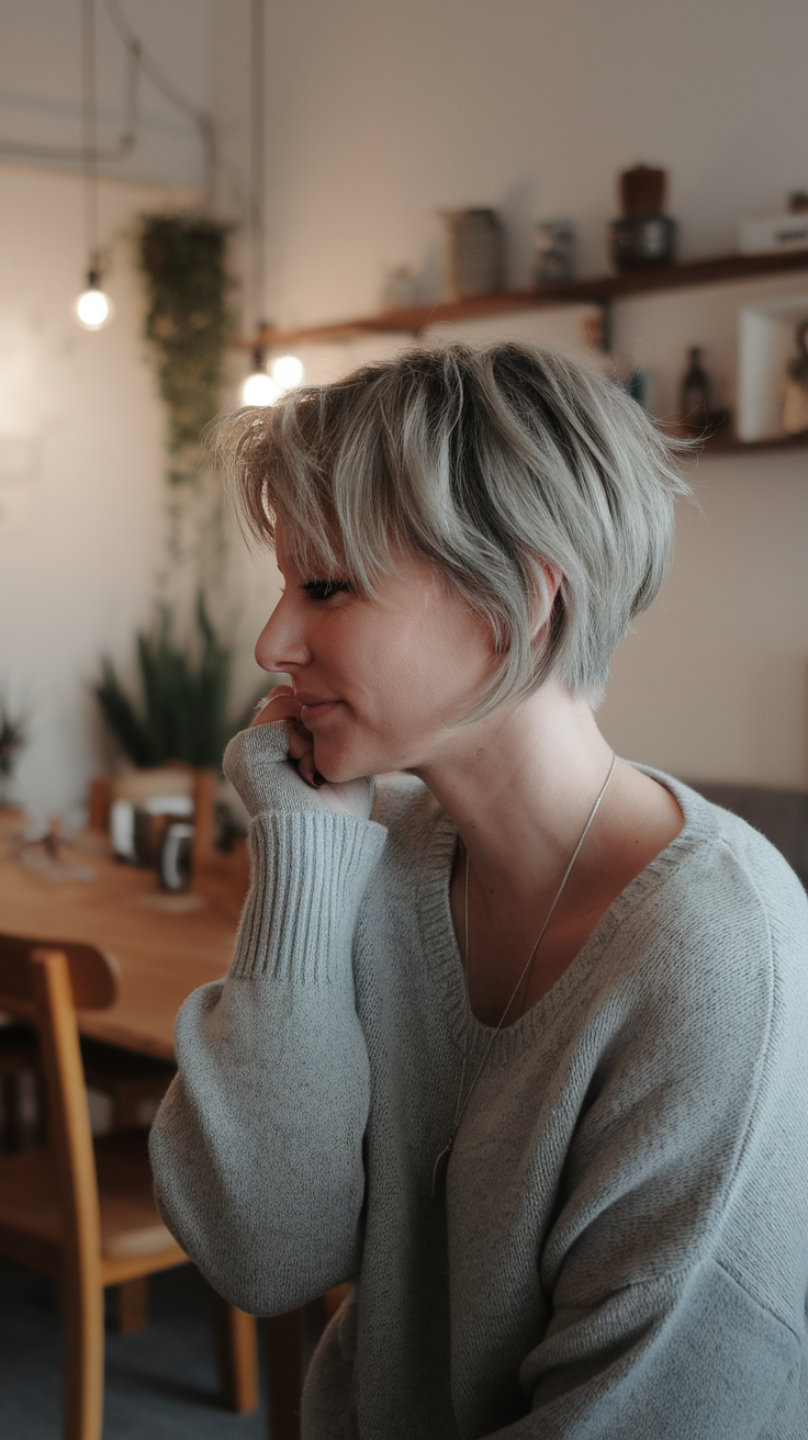 A woman with short hair styled in a messy bun, looking thoughtful.