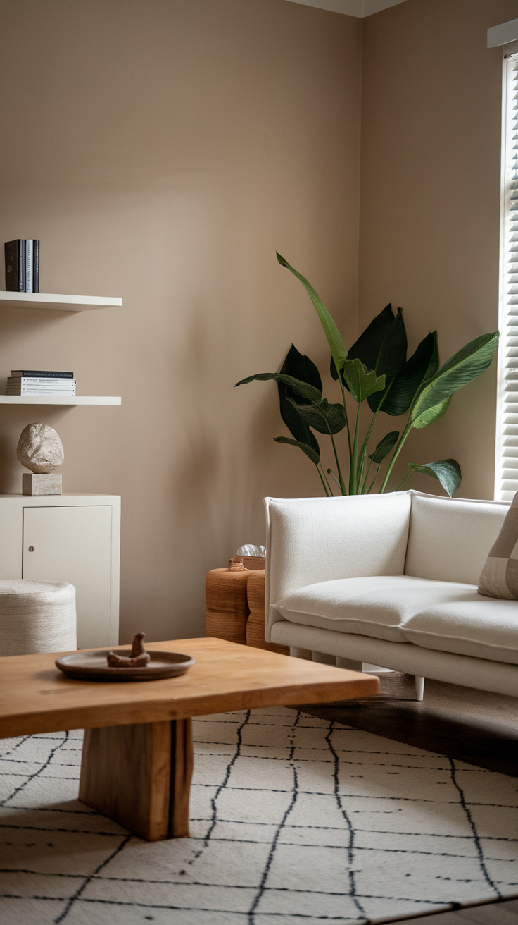 A cozy minimalist living room featuring a light-colored sofa, a wooden coffee table, and green plants.