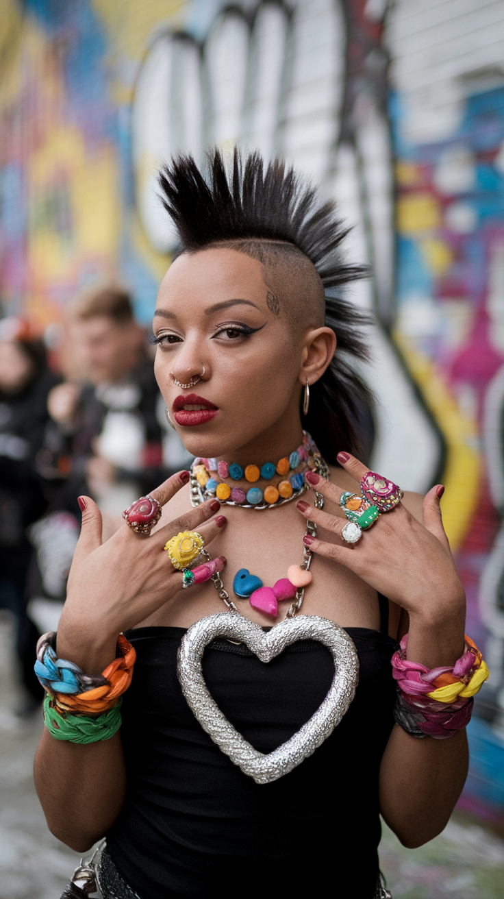 A person with a striking Mohawk hairstyle, colorful jewelry, and bold makeup, posing in front of a colorful graffiti wall.