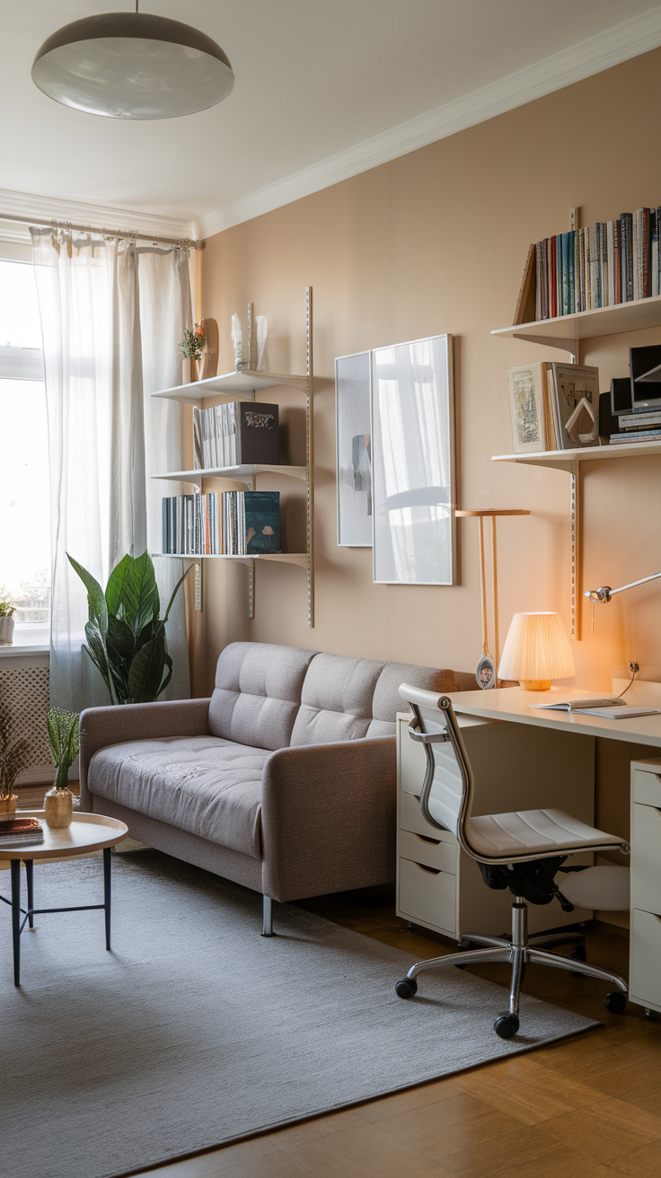 A cozy living room with a couch, a desk, and shelves filled with books.