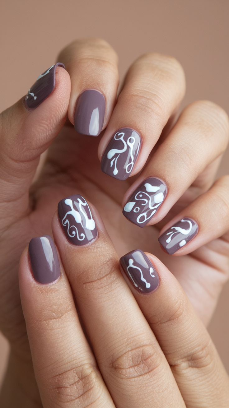 Close-up of hands with muted plum nail polish and abstract white designs.