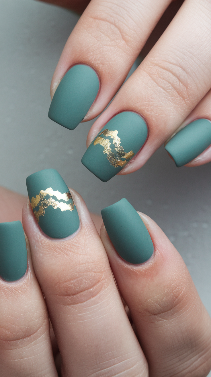 Nail art featuring muted teal color with gold foil accents