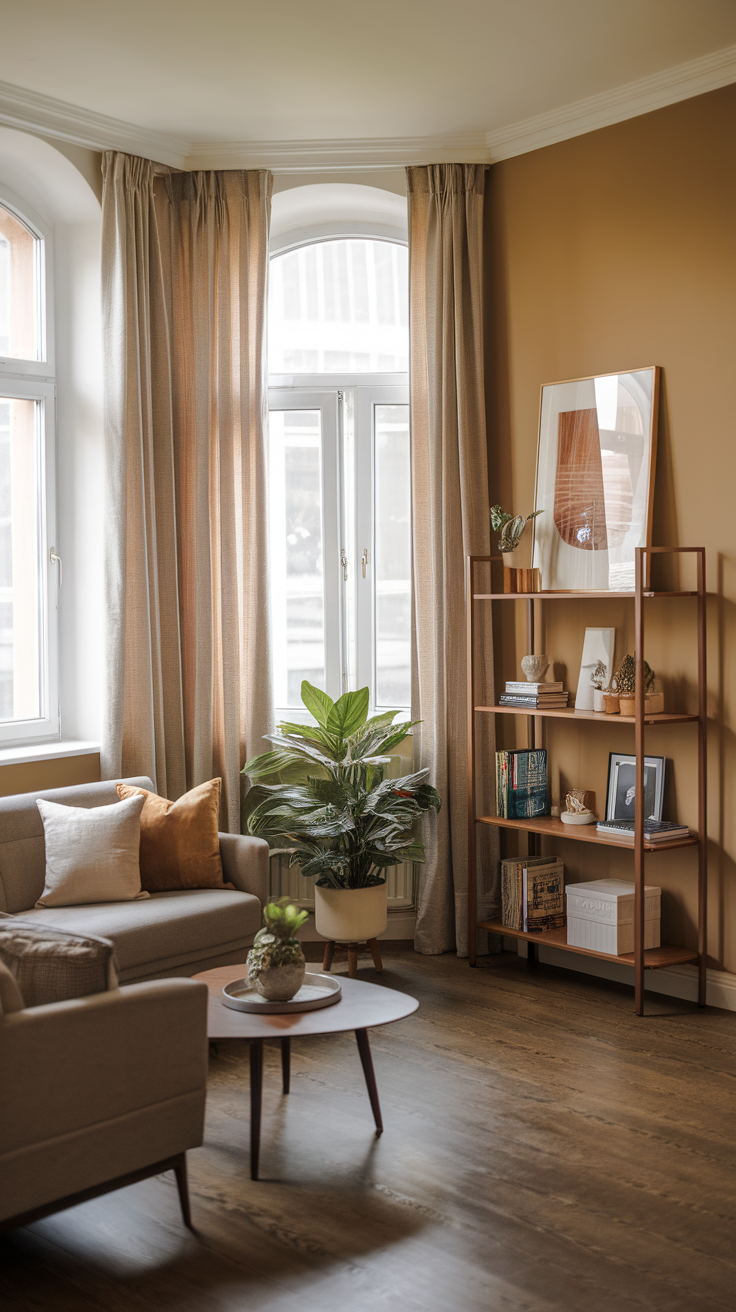 Cozy living room with natural light, plants, and modern decor