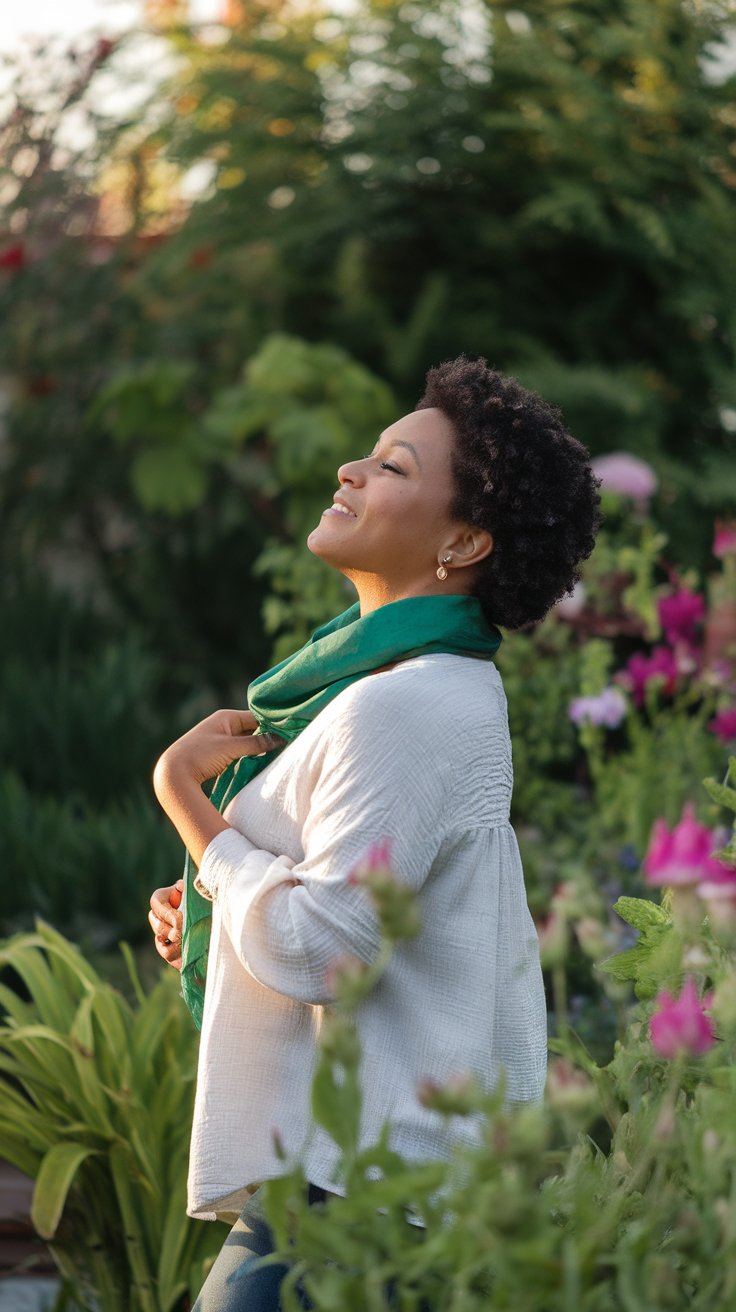 A woman with natural short curls smiles joyfully in a garden, surrounded by colorful flowers.