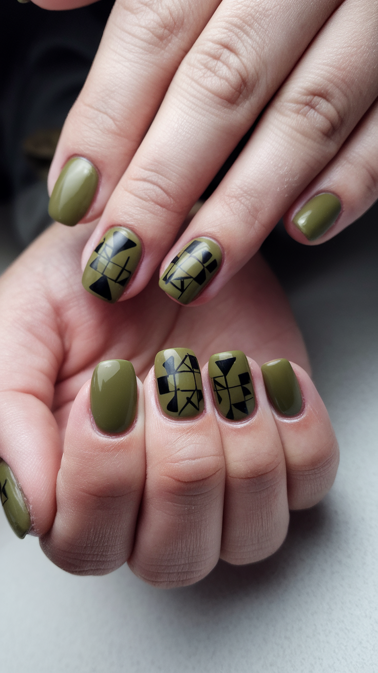 Close-up of hands with olive green nails featuring black geometric patterns.