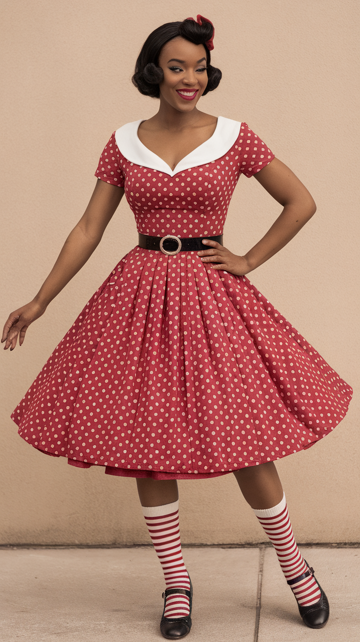 A woman wearing a red polka dot dress with a white collar, black belt, and striped socks, showcasing a pin-up inspired style.