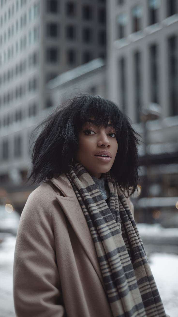 A woman with a shaggy hairstyle, wearing a scarf and coat, in a city setting.