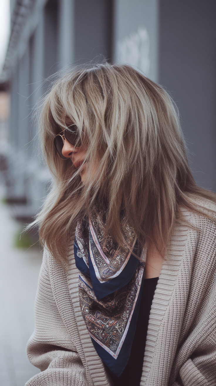 A woman with shaggy layered hair, wearing sunglasses and a scarf, smiling slightly.