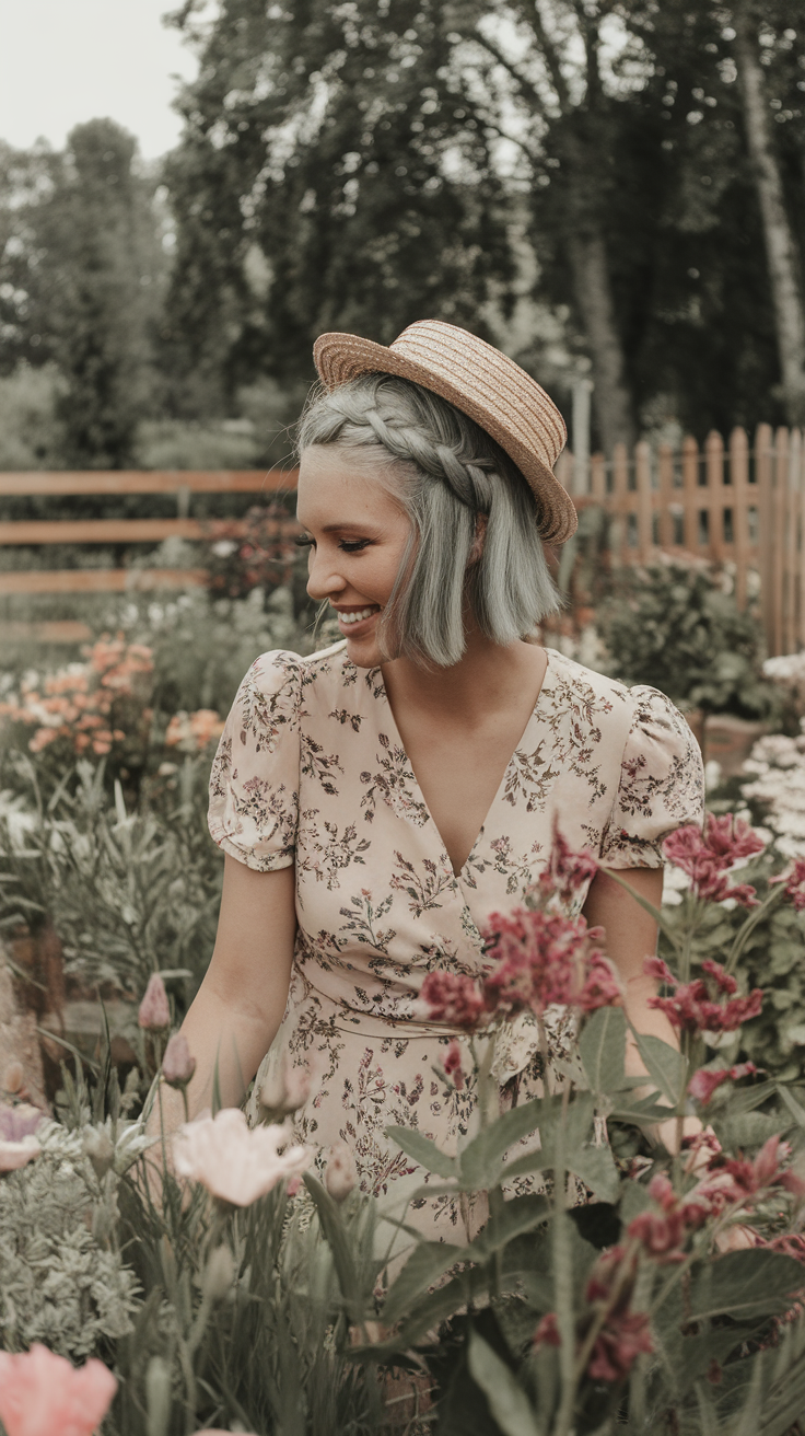 A woman with a short braid crown smiling in a garden filled with flowers.