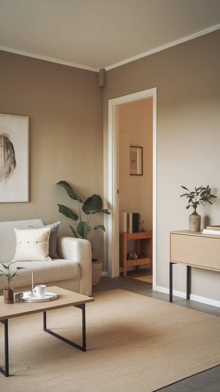 A cozy living room with neutral colors, simple furniture, and a few decorative plants.