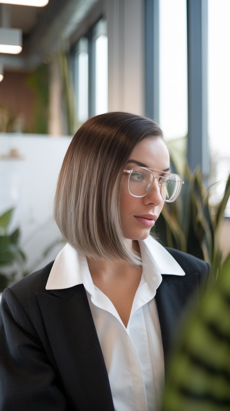 A woman with a sleek lob haircut and a side part, wearing glasses and a suit, with a modern office background.