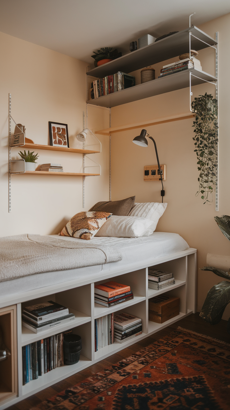 A cozy bedroom with smart storage solutions, showcasing shelves and under-bed storage.