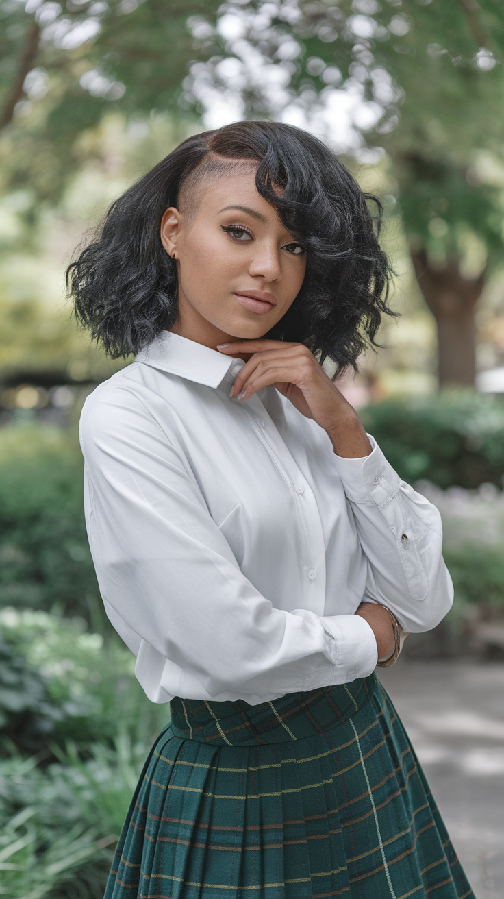 A person with soft curls and an undercut, wearing a white shirt and a plaid skirt, posing confidently in a green outdoor setting.